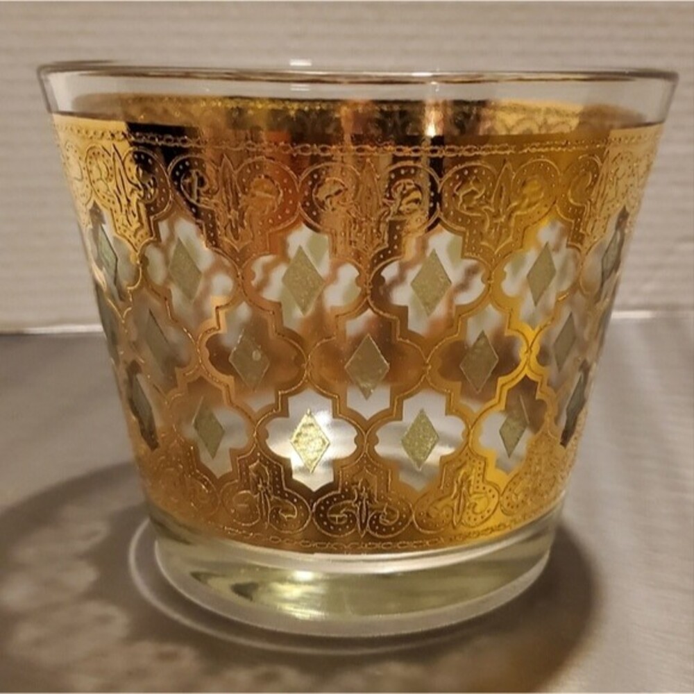 Vintage Culver Valencia 22K Gold Green Diamond Glass Ice Bucket MCM